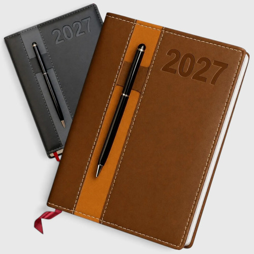 Agendas executivas de capa de couro com caneta