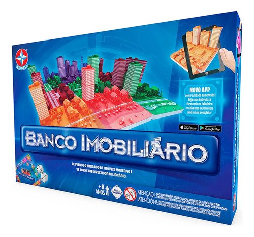 Caixa do jogo de tabuleiro Banco Imobiliário Grande, da Estrela, com o tabuleiro, as notas de dinheiro e as peças em volta