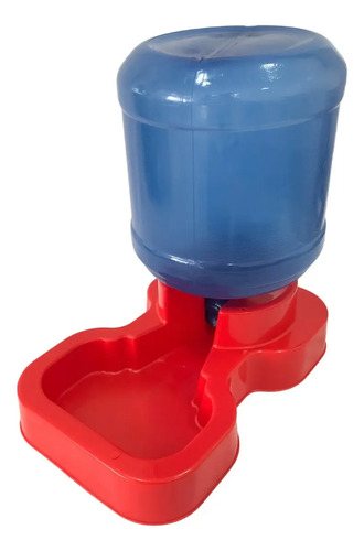 Bebedouro automático com galão azul encaixado de cabeça para baixo sobre uma base vermelha