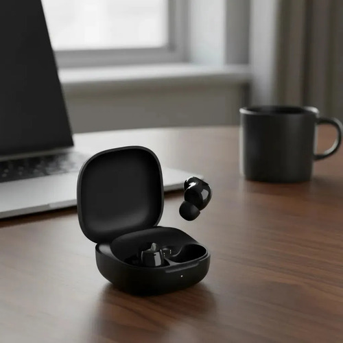 Fones sem fio Redmi Buds 6 Play no estojo preto, sobre uma mesa