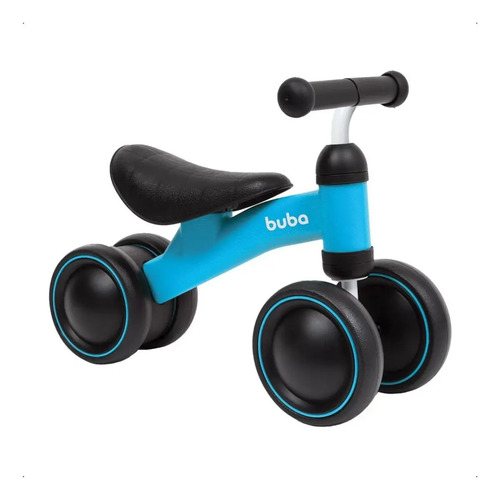 Bicicleta infantil de equilíbrio azul, sem pedais, com quatro rodas