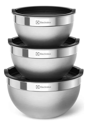 Três tigelas de aço inox com tampas plásticas