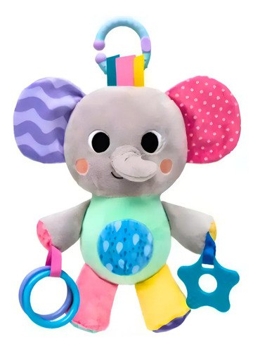 Elefante de pelúcia para bebês, com orelhas coloridas, argolas e mordedor