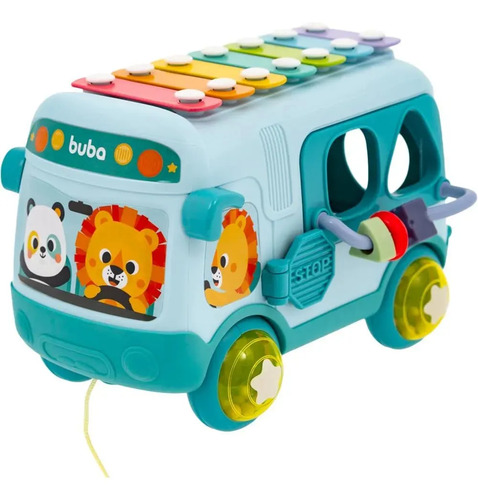 Ônibus de brinquedo verde com peças de encaixe em forma de bichinhos