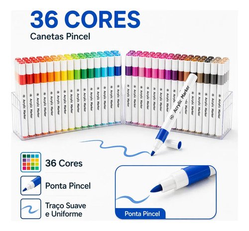 Estojo com 36 canetas marcadoras acrílicas coloridas de ponta pincel