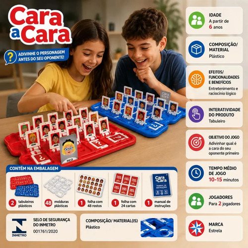 Caixa de jogo de mesa de adivinhação com dois tabuleiros de fichas com rostos