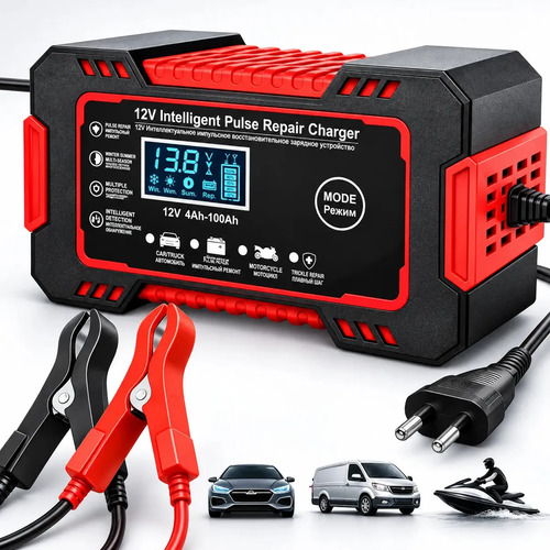 Carregador de bateria automotiva compacto com garras vermelha e preta