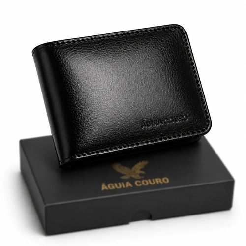 Carteira masculina preta de couro, aberta, com divisórias para cartões
