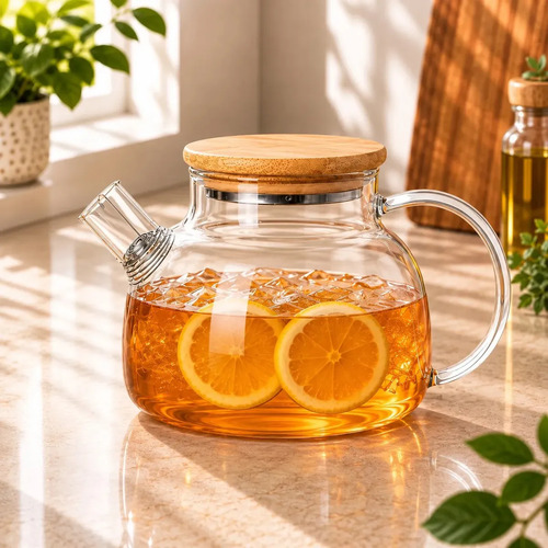 Chaleira de vidro com tampa de bambu e infusor, com chá e rodelas de laranja, sobre uma bancada clara