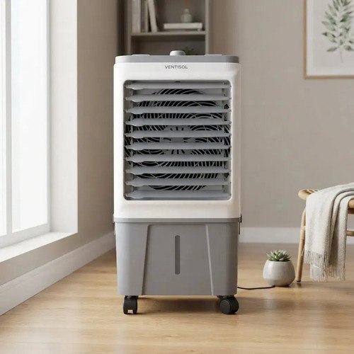 Climatizador evaporativo portátil branco com rodízios e painel na parte de cima