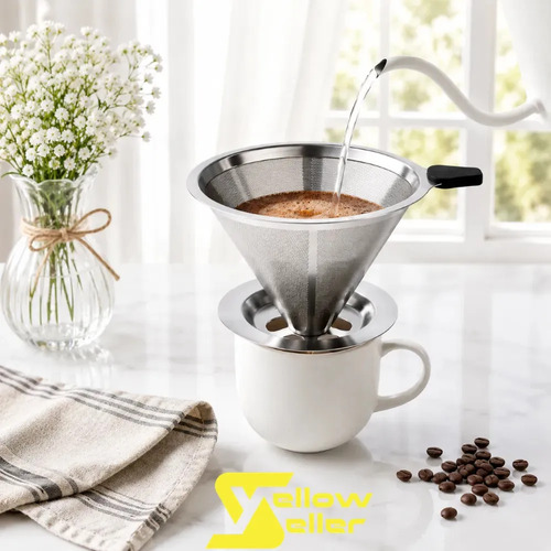 Coador de café de aço inox em formato de cone, com base