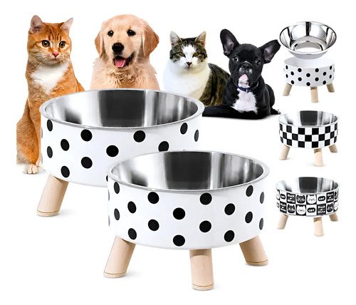 Dois comedouros elevados de inox com suporte de bolinhas e pés de madeira, ao lado de cães e gatos