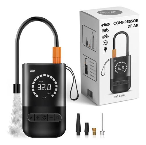 Compressor de ar portátil preto com visor digital e mangueira para calibrar pneus