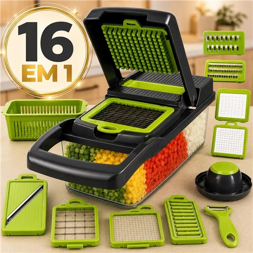 Cortador e fatiador manual de legumes com recipiente e lâminas