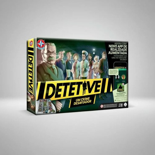 Caixa do jogo de tabuleiro Detetive, da Estrela, com o tabuleiro da mansão e as cartas