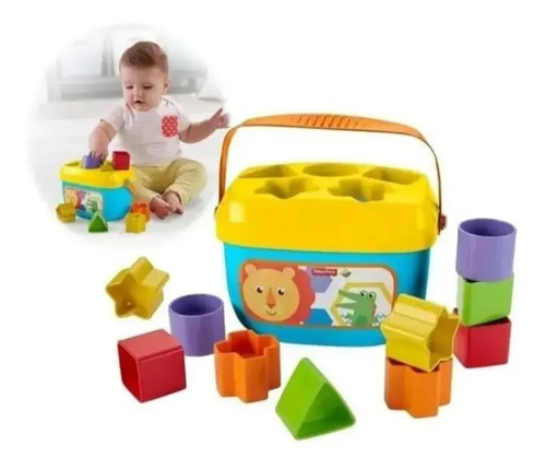 Balde de brinquedo com tampa de encaixe e blocos coloridos de formas variadas