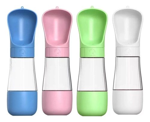 Quatro garrafas portáteis para pets, em azul, rosa, verde e branco, com corpo transparente e uma concha no topo para o animal beber