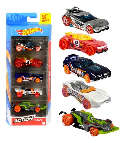 Embalagem com cinco carrinhos de brinquedo em miniatura, de cores variadas