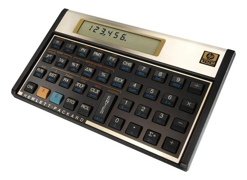 Calculadora financeira dourada e preta, em formato horizontal