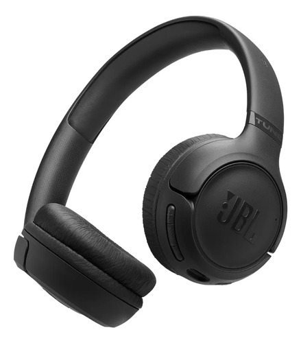 Fone de ouvido preto do tipo arco, com almofadas redondas sobre as orelhas