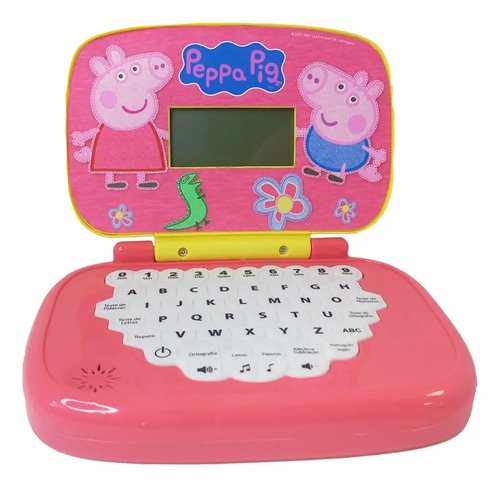 Laptop de brinquedo cor-de-rosa, com teclado colorido e tela pequena