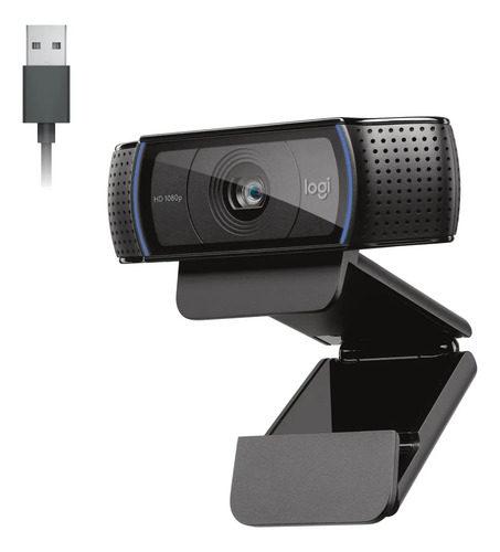 Webcam preta retangular com lente central e tampa de privacidade, sobre um suporte de encaixe para monitor