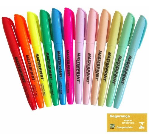 Kit de doze marca-textos, seis em cores neon e seis em tons pastel