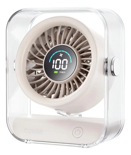 Mini ventilador portátil branco com moldura transparente e visor digital mostrando a carga da bateria