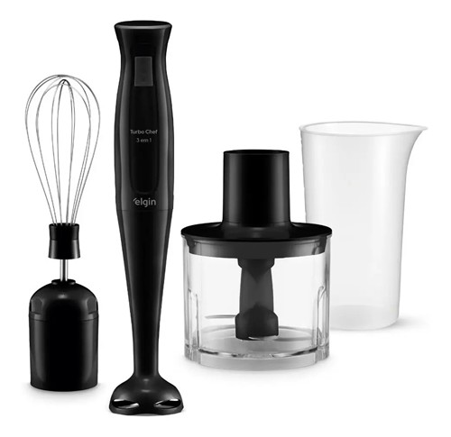 Mixer vertical preto com copo, batedor e processador