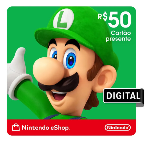 Cartão-presente digital vermelho para loja de jogos de videogame, no valor de 50 reais