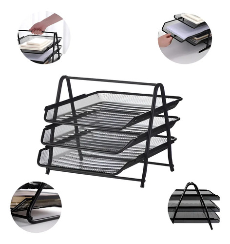 Organizador de mesa com três bandejas para papéis