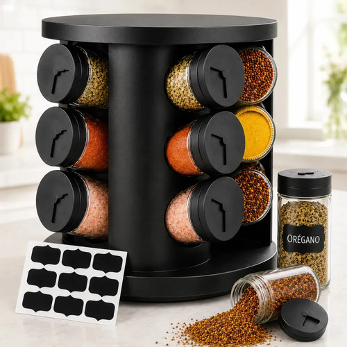 Porta-temperos giratório preto com nove potes de vidro