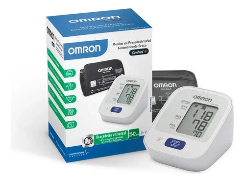 Medidor de pressão arterial digital de braço, branco, com braçadeira cinza, ao lado da caixa