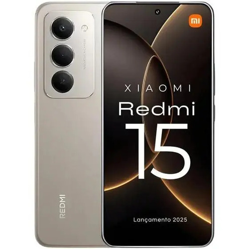 Smartphone Xiaomi Redmi 15 cinza visto de frente e de trás