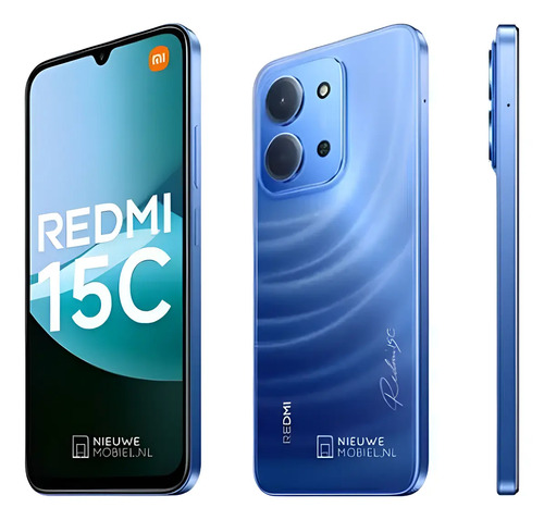 Smartphone Xiaomi Redmi 15C azul visto de frente e de trás