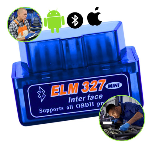 Pequeno leitor azul de diagnóstico do carro com a inscrição ELM 327, ao lado de ícones de celular