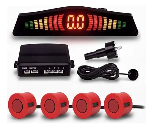 Kit de sensor de estacionamento com visor digital, central, cabos e quatro sensores vermelhos para o para-choque