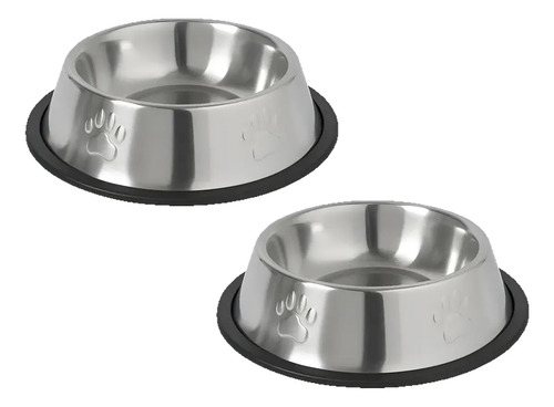 Duas tigelas de aço inox com base de borracha preta antiderrapante