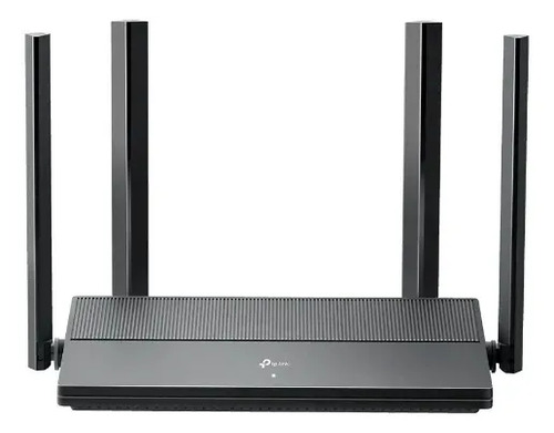 Roteador de internet sem fio preto, baixo e largo, com quatro antenas na parte de trás