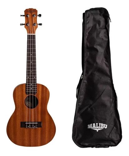 Ukulele de madeira em tom natural, com capa acolchoada preta ao lado