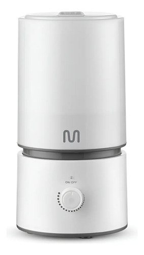 Umidificador de ar ultrassônico branco, cilíndrico, com botão giratório na base