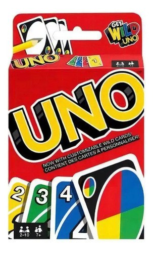 Caixa vermelha do jogo de cartas Uno, com cartas coloridas à mostra