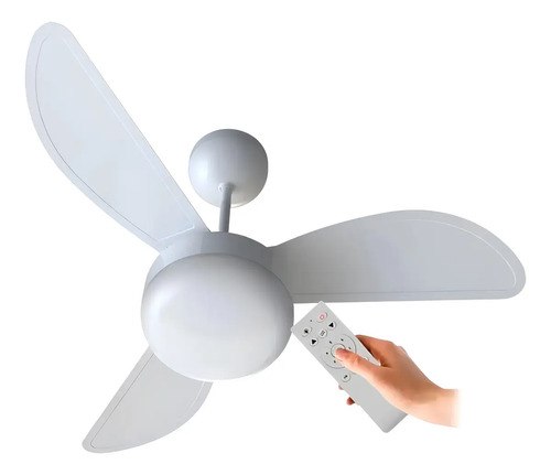 Ventilador de teto branco com três pás e controle remoto