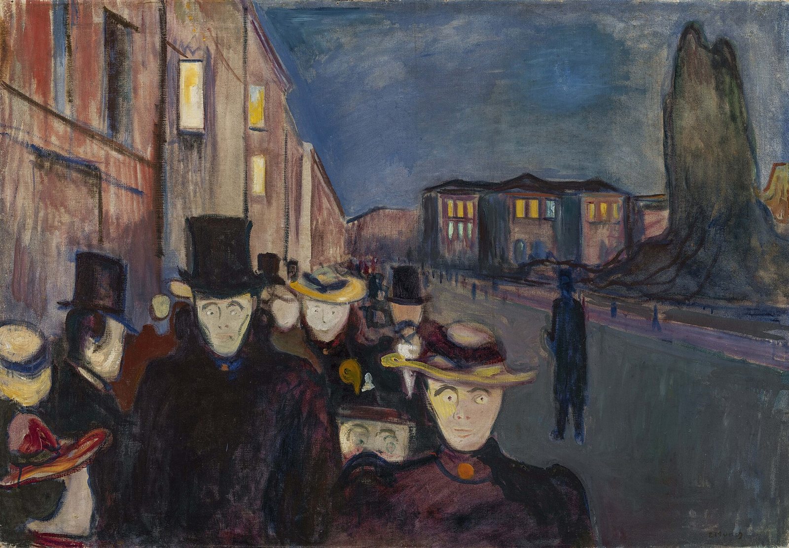 Pintura de Edvard Munch: uma multidão de rostos pálidos caminha por uma rua ao anoitecer
