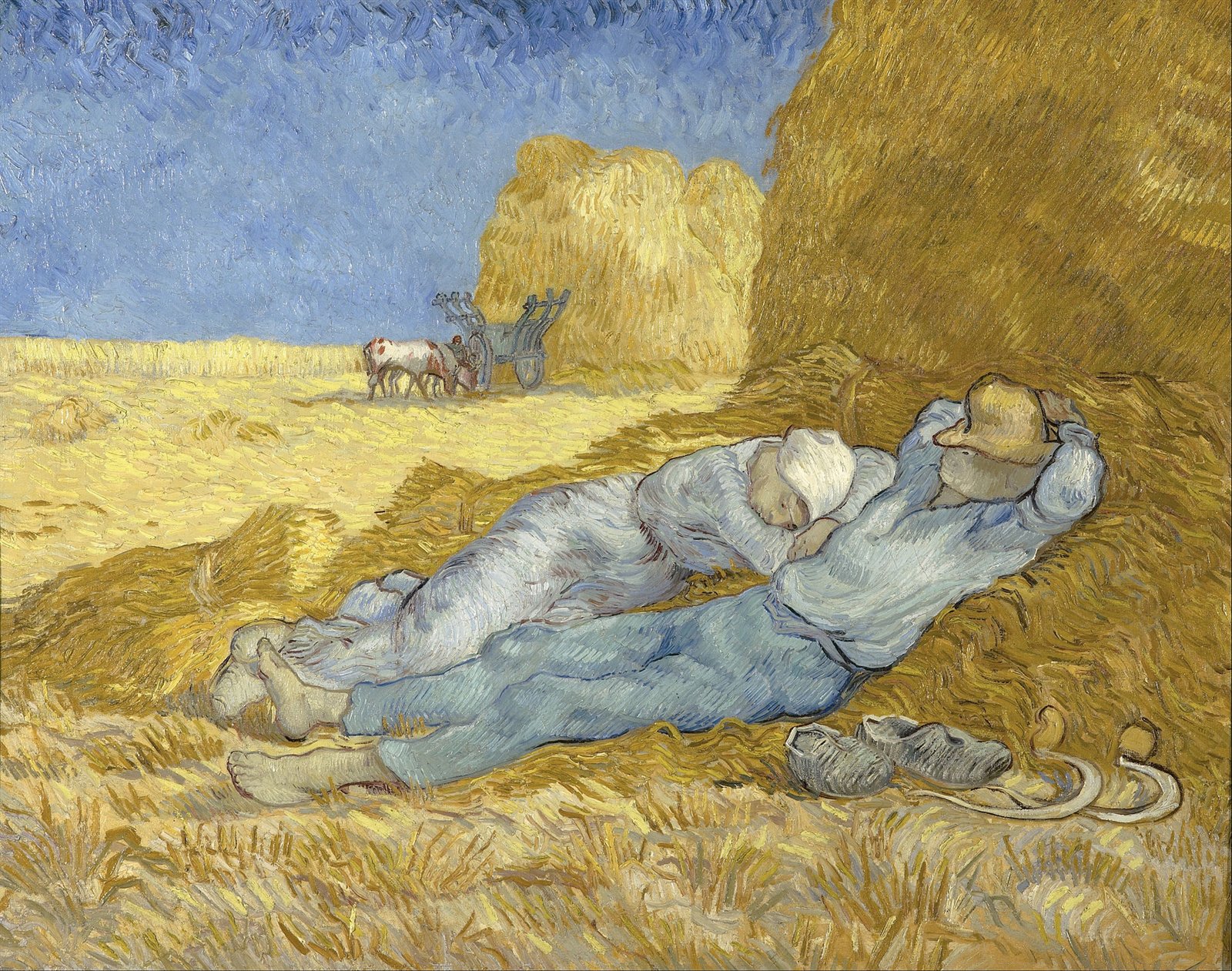 Pintura de Van Gogh: um casal de camponeses dorme deitado no feno, à sombra de um monte de palha